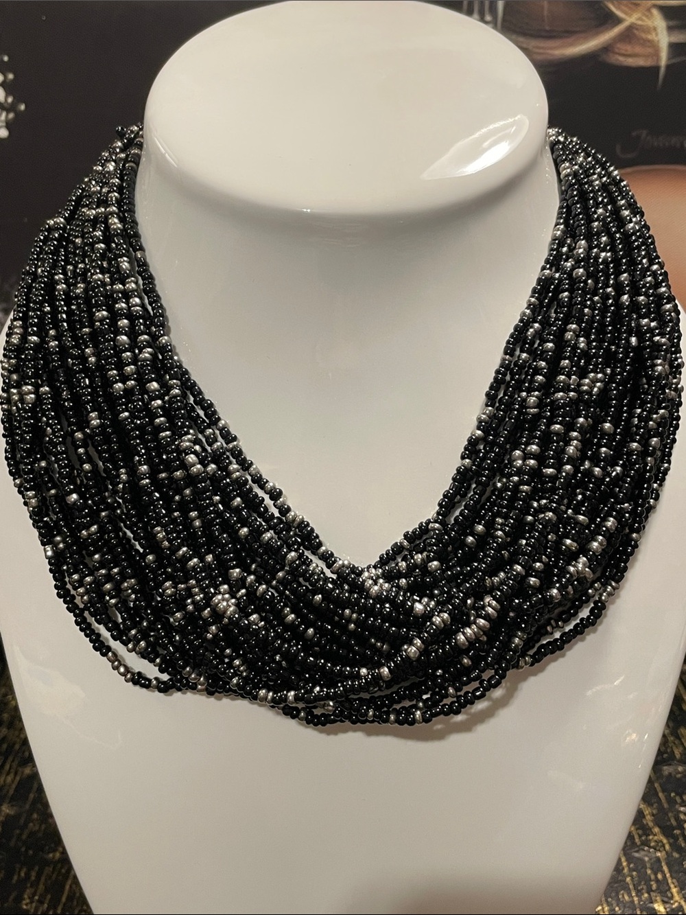 Black and Silver Multi-Strand Glass Seed Beaded Statement Necklace